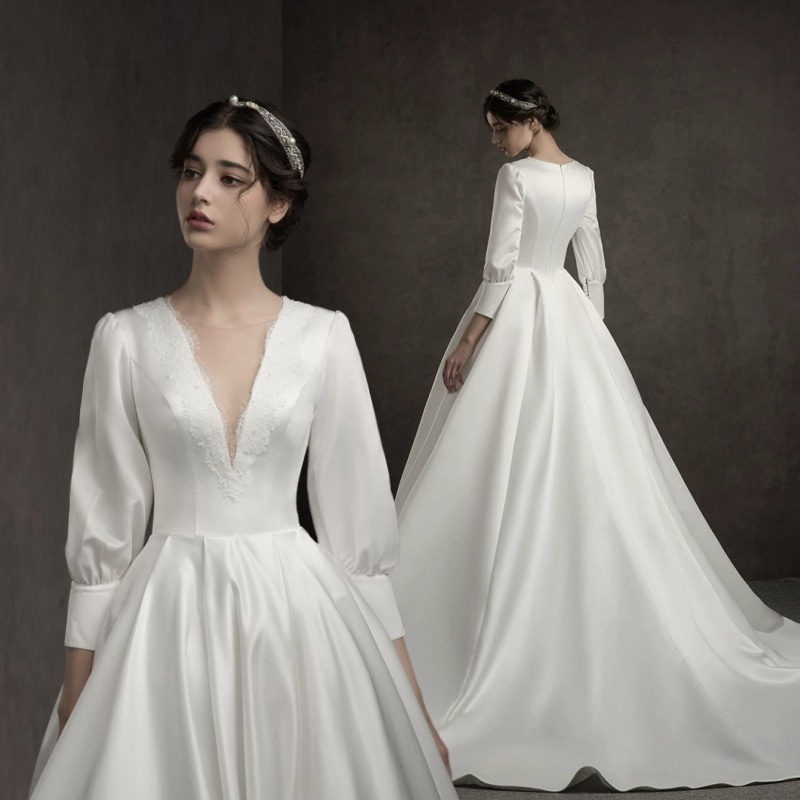 ウェディングドレス 白 長袖 パーティードレス vネック チャイナドレス オフショルダー オフショル 二次会 ドレス 花嫁ドレス Aライン