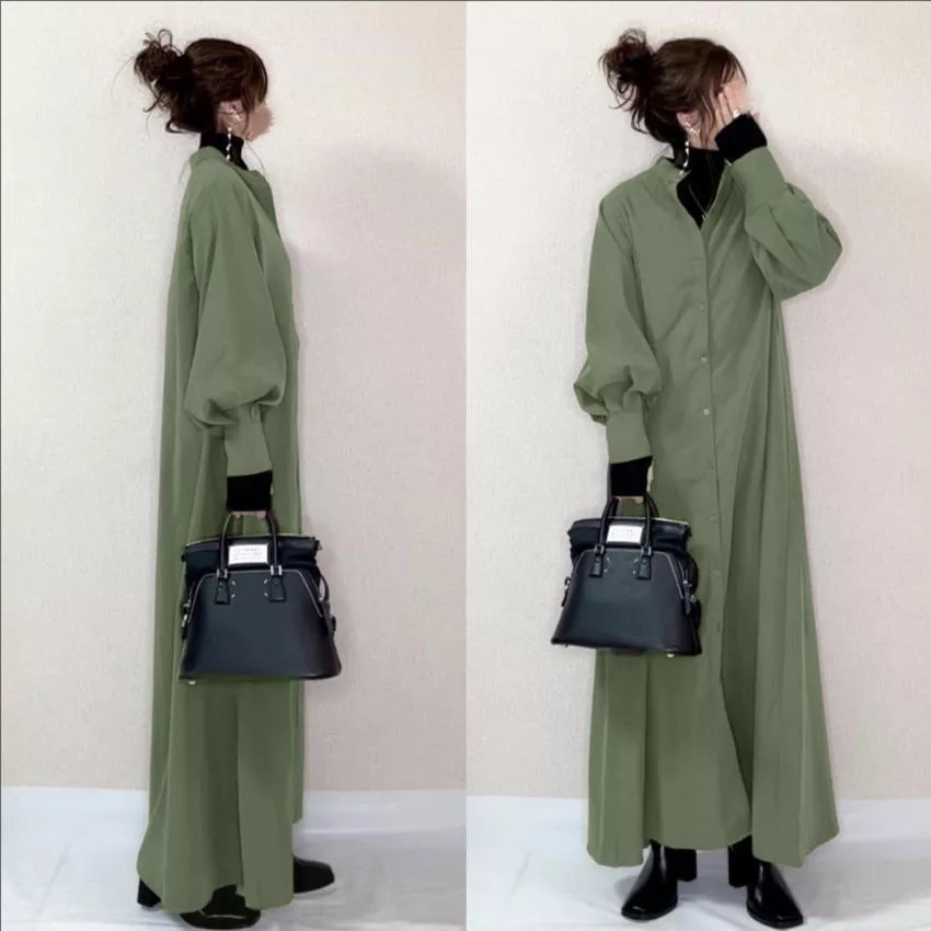 【再入荷予定】 無地 長袖 カジュアル ランタンスリーブ シングルブレスト カジュアルワンピース