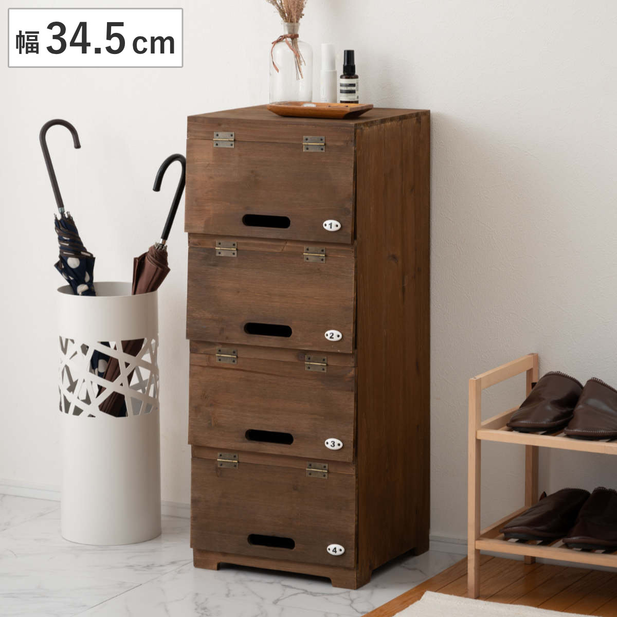 シューズラック 4段 木製 幅34.5cm シューズケース シューズボックス 下駄箱 スリム 靴収納 レトロ調 フラップ扉 収納 ラック 玄関収納 収納棚 靴 靴入れ 杉 キャビネット