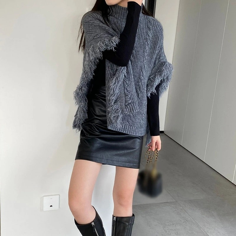 レディース ハイネック セーター ポンチョ ケープ タートルネック ニットセーター マント タッセル かわいい 体型カバー フリーサイズ 着痩せ 細見え プルオーバー フリンジ付き エレガント 秋物