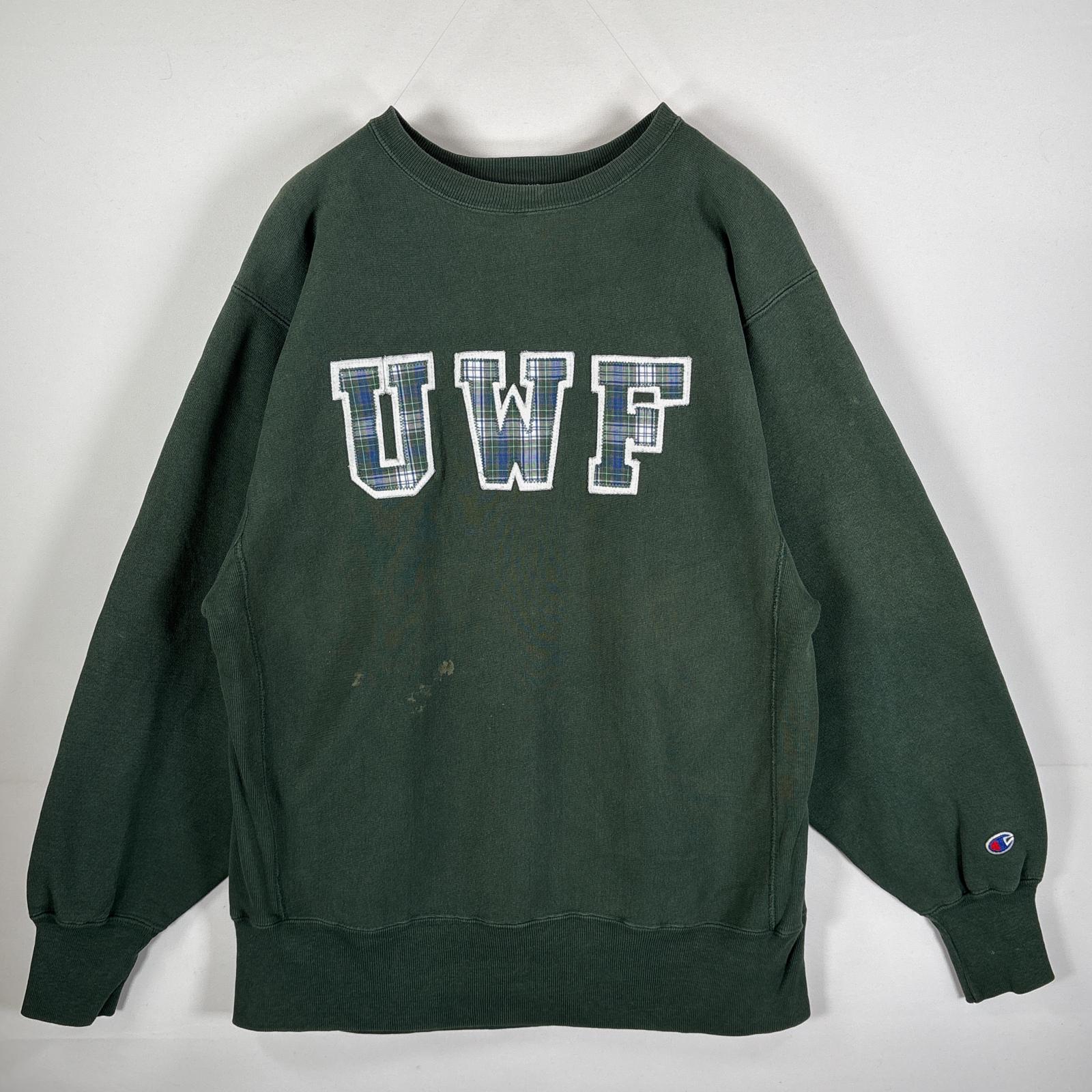 古着 90s/90年代 スウェット リバースウィーブ クルーネック カレッジ UWF グリーン メンズ