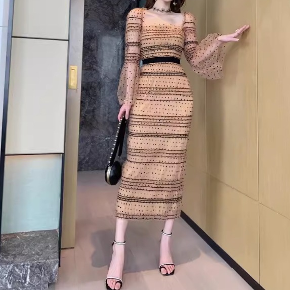 レディース スカート ワンピース プルオーバー ドレス ロングスカート レーススカート ミモレ 長袖 スクエアネック オフショルダー 襟なし ノーカラー ストレート レース チュール ウエストマーク