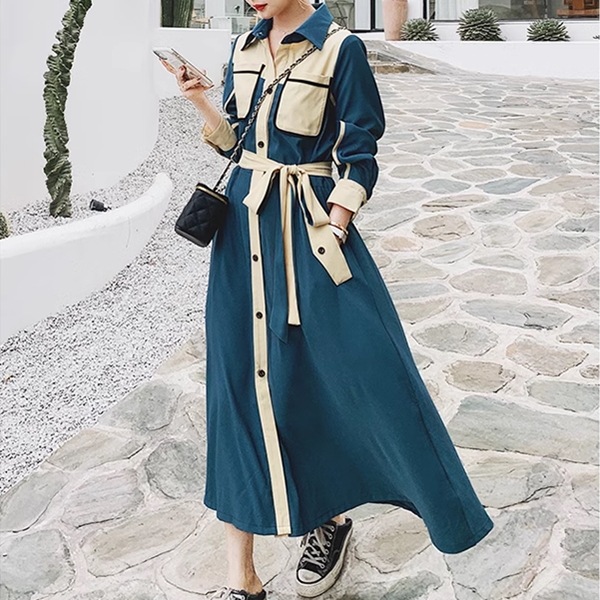 フランスレトロな成熟スタイルのシャツドレス レディース ワンピース ドレス フレア フレアスカート ロングスカート ロング 長袖 Vネック ポロカラー フレア Aライン フォーマル フェミニン ベルトドレス