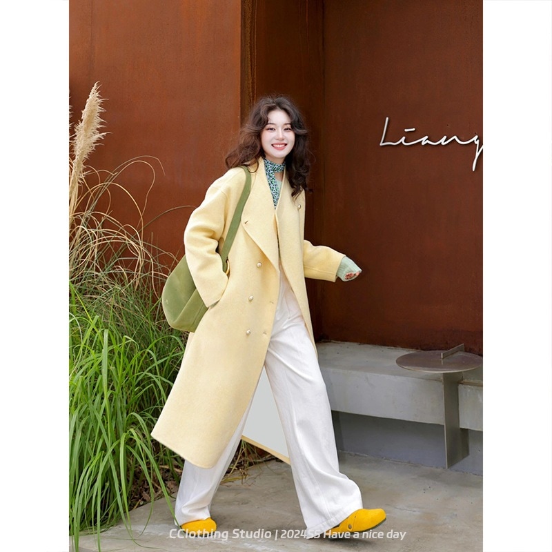 韓国秋冬コートフェミニンゆったり高級レイジースタイルイエローダブルブレストウールコートミドル丈