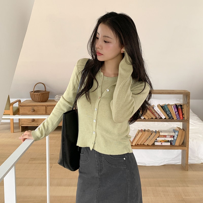 [tcd0454] 韓国ファッシウール カラー カーディガン セット