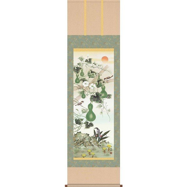 掛軸/開運画/開運花鳥/六瓢息災福寿/井原蒼竹/竹翠会/洛彩緞子本表装/尺三サイズ幅44.5cm/化粧箱収納/表装品質十年保証