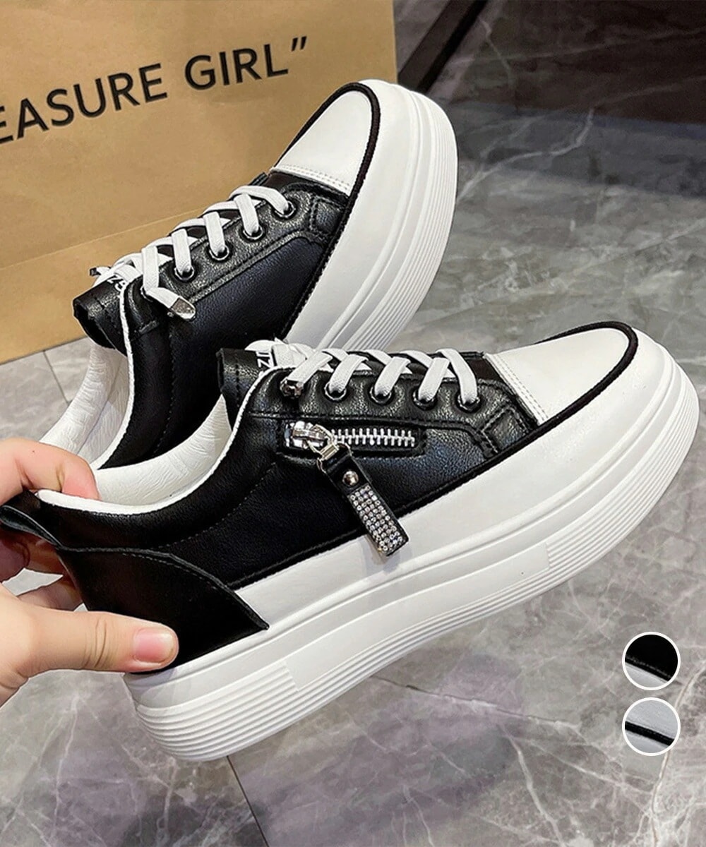 厚底スニーカー韓国 レディース 疲れない靴 走れる女靴スポーツ PU合皮スニーカー ボリュームソール靴