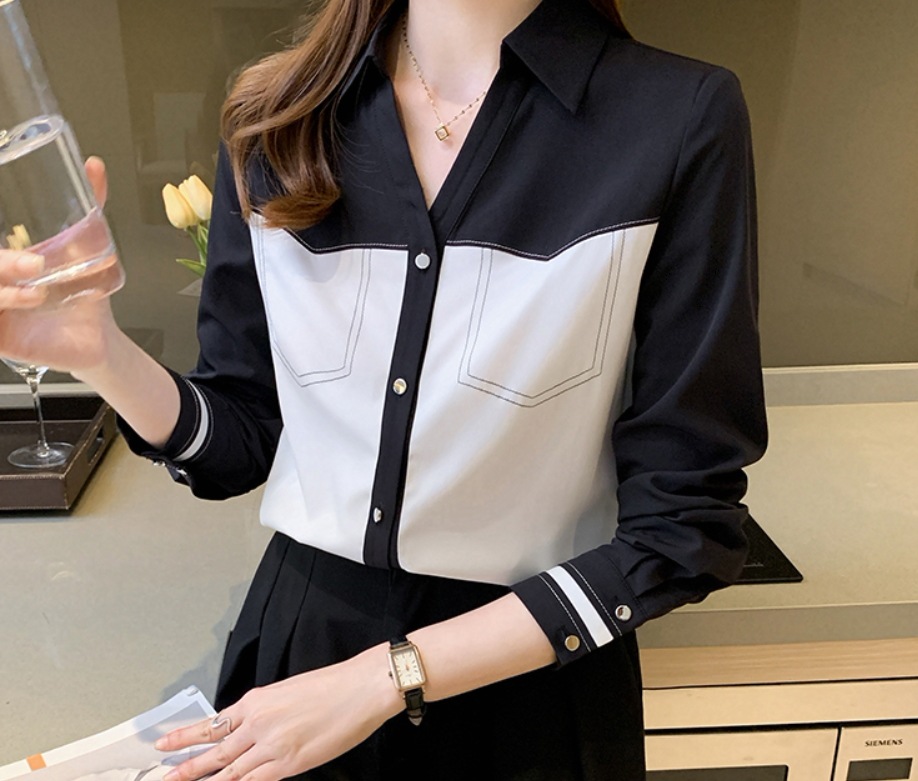 バイカラー トップス シャツ 袖あり 長袖 Vネック 襟付き ストレート Iライン 刺繍 切り替えデザイン 前開き 薄手 かわいい 大人可愛い きれいめ シンプル カジュアル 大人 上品 おしゃれ