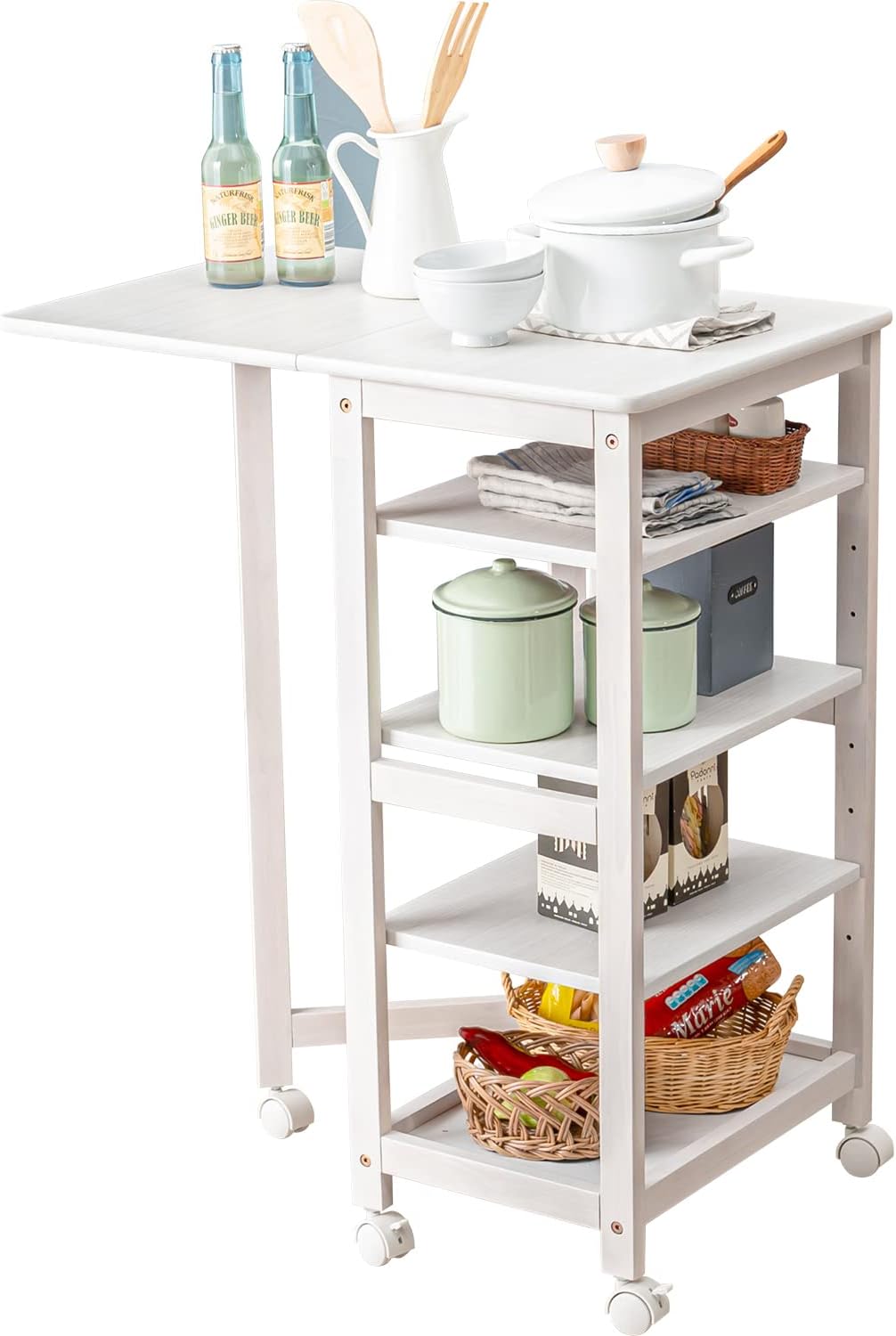 キッチンワゴン キッチン 収納 棚 ストッカー バタフライテーブル 拡張天板 可動棚3枚 キャスター付 頑丈 シンプル スリム 幅70 奥行45 高さ85 ホワイト
