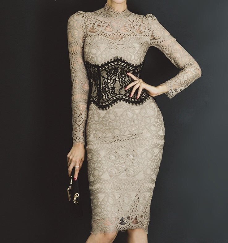 ワンピース レディース レース ドレス S M L XL 韓国 ワンピドレス ひざ丈 ミドル丈 美シルエット ペンシルスカート 長袖 総レース ストレート モックネック ハイネック スリム タイト
