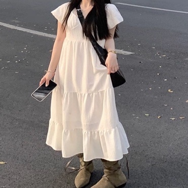 レディース ワンピース フレア ティアード ロング 半袖 フレアスリーブ Vネック フェミニン ストリート ウエストマーク ハイウエスト かわいい 大人可愛い きれいめ シンプル カジュアル おしゃれ