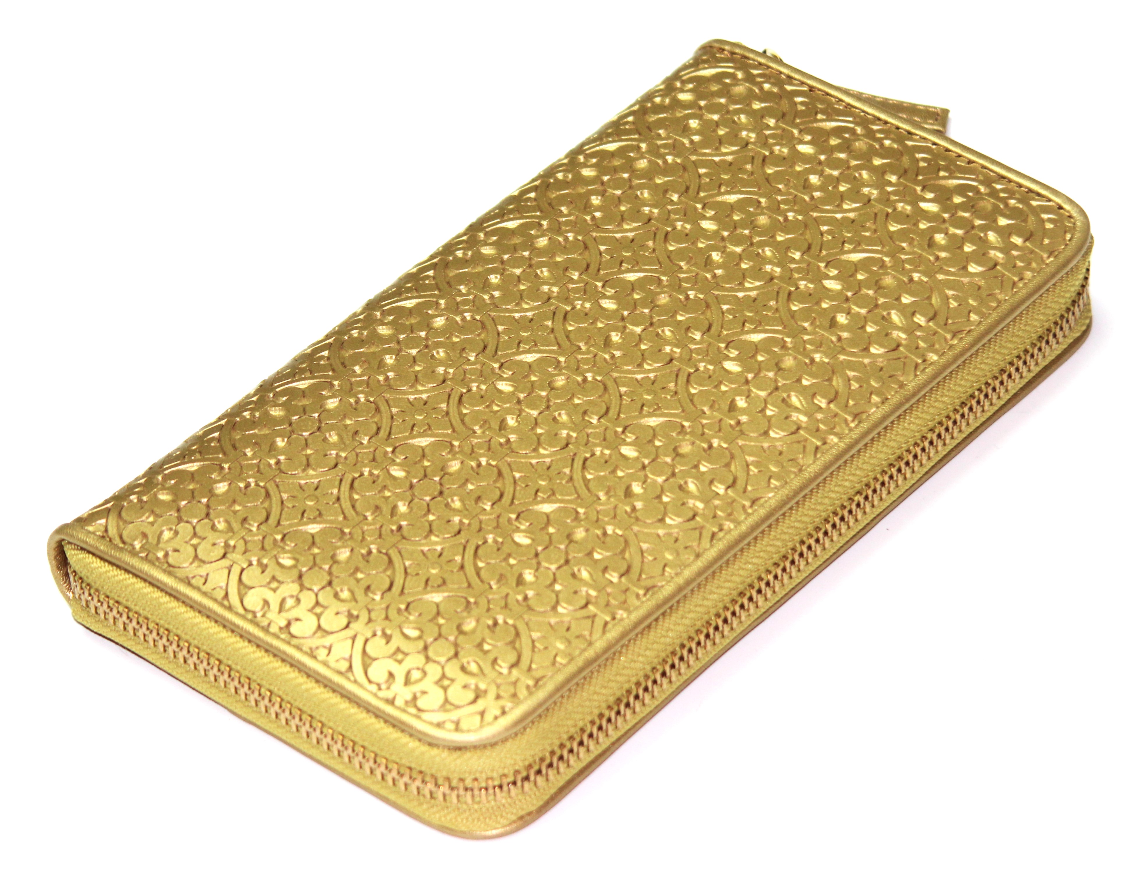 【新規OPEN】【期間限定セール】【激安】【新品未使用】牛革　3D立体感構造　幾何学模様型押し　ラウンドロングウォレット　TS-1008　金