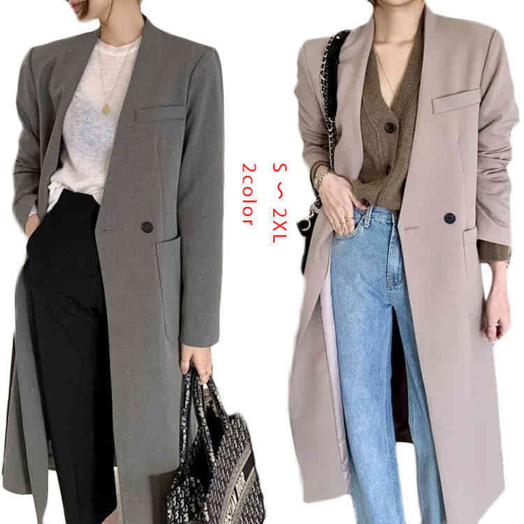 ノーカラーコート レディース ロングジャケット 春秋 ジャケット Ｖネック スーツ レディース ロング 長袖 無地 シンプル オフィス 通勤 春秋 旅行 謝恩会 同窓会 デート カジュアル 海外旅行