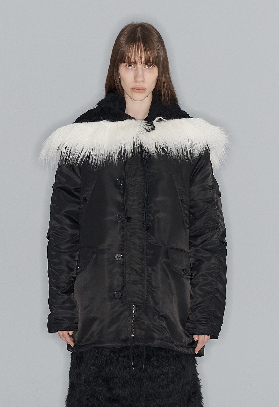 【OPEN Yy】 OVERSIZED FAUX FUR HOOD PARKA : BLACK