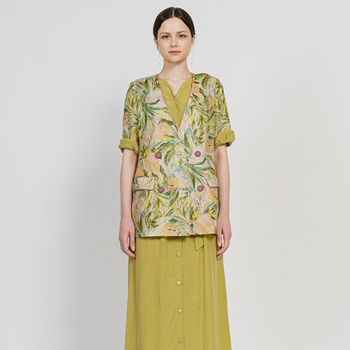 Linen 100% Half Sleeve Piping V-Neck Summer Jacket_Flower