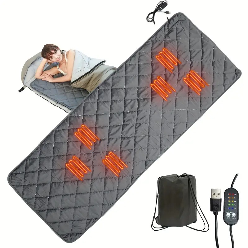 USB電源式電気ヒーティングベッドパッド＆スリーピングバッグウォーマー - 5段階温度設定（低/高）過熱保護2H/4H/6H/8H/10Hタイマーリモコン付きポータブルキャンプ旅行家庭用U