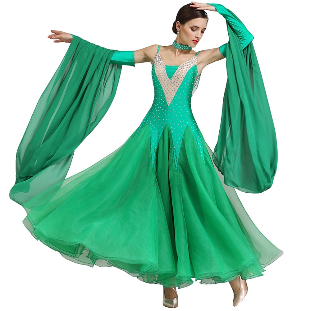社交ダンス モダンドレス ワンピースドレス 大きい裾 豪華 演出服 スタンダードドレス キラキラビジュー付き インターナショナルダンス 競技会 ワルツ服 練習着 競技用 ステージ衣装 パーティー 5 7,934円