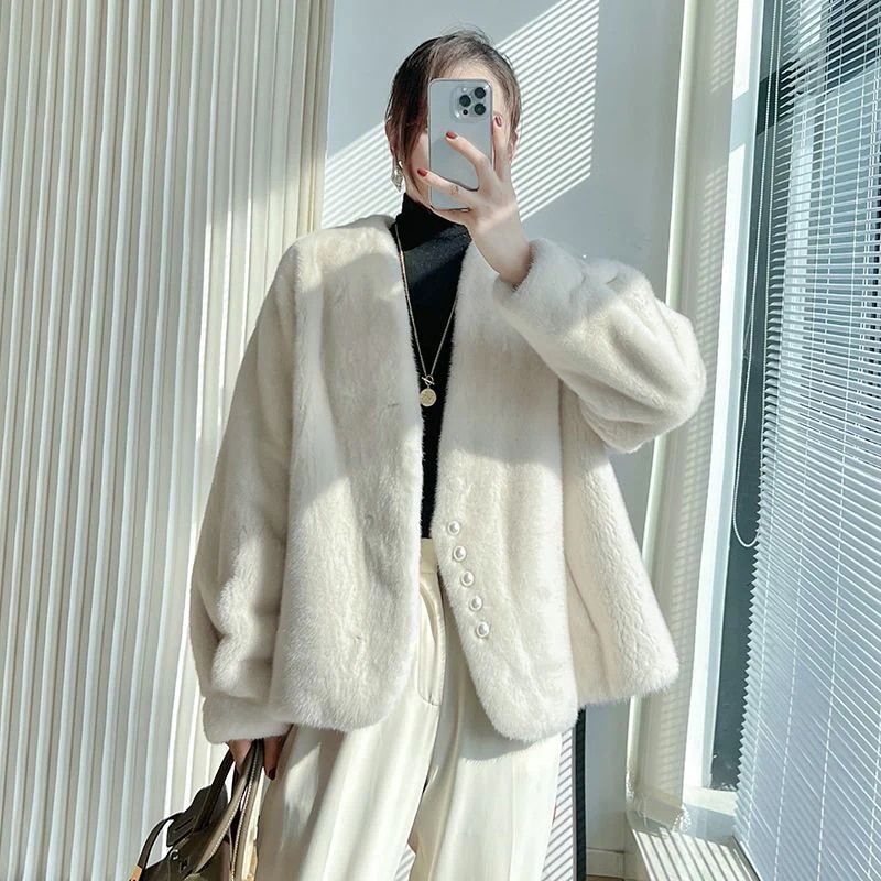 秋冬日系新作ジャケット コート 毛皮毛毛 ショートv襟 仿貂皮 気質怠惰風 柔らかいデザイン 厚手ウォーム おしゃれゆったり百掛快適けins韓国ファッション