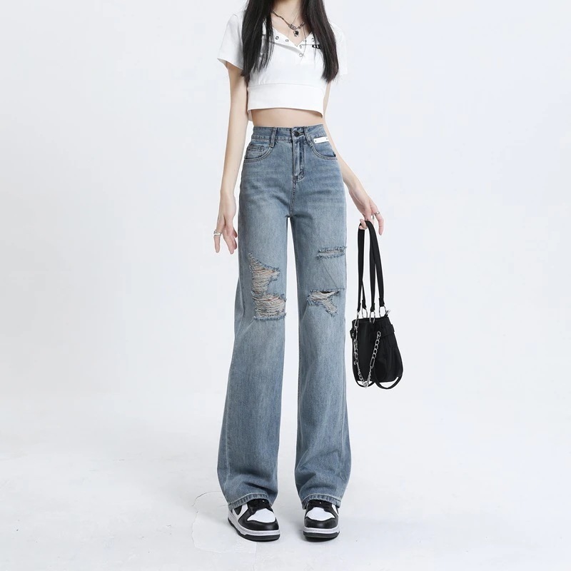 ハイウエストジーンズ女性ストレートパンツ春春冬春と春新しい緩いl薄い尾行ワイドパンツの狭いバージョン