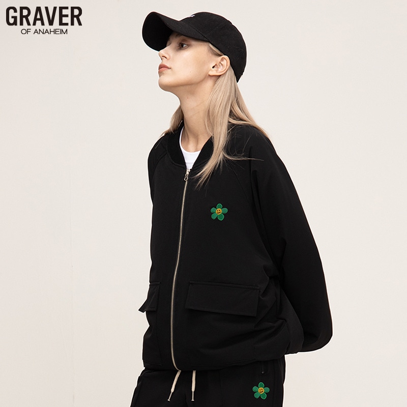 [UNISEX]ジッパーレジックグリーンフラワーMA-1航空ジャケット_black