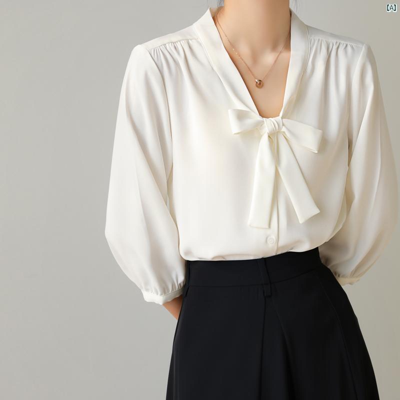レディース ファッション　レディース　カジュアル　上品　綺麗　外出 ホワイト Vネック リボン 半袖 シャツ 夏 薄手 通勤 アウター 七分袖