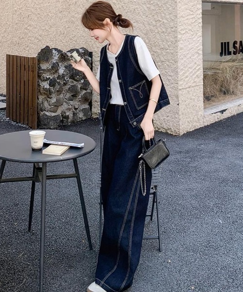 セットアップ ノースリーブデニムベスト ＋ コントラストステッチワイドレッグデニムパンツ セットアップ レディース