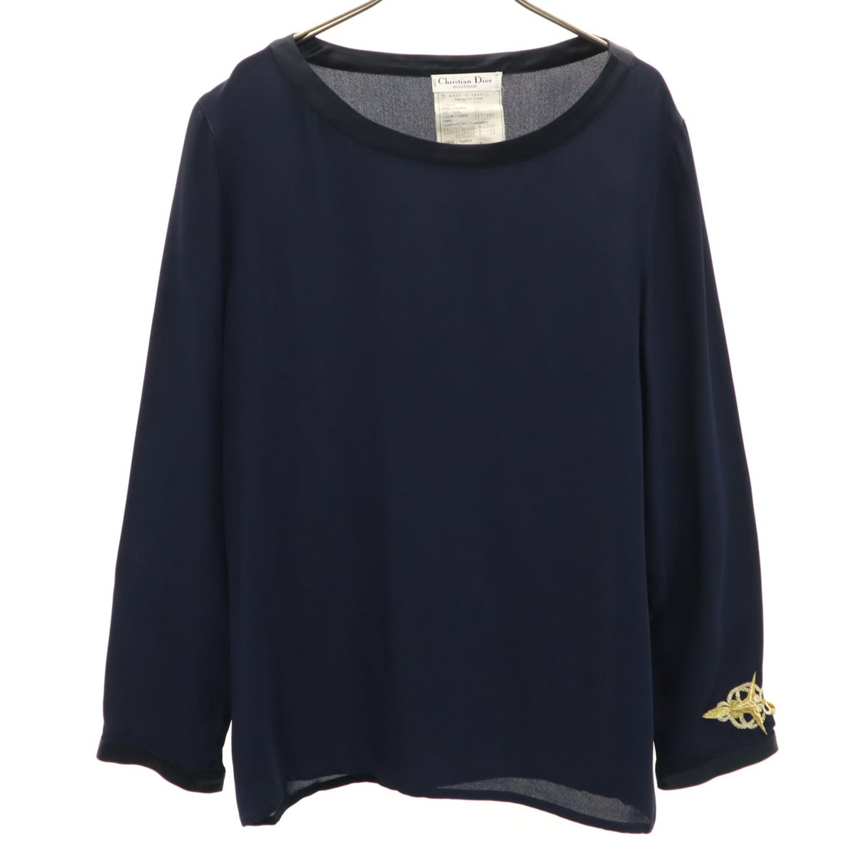 Christian Dior BOUTIQUE クリスチャンディオール ブティック フランス製 長袖 ボートネック プルオーバー ブラウス 38 ネイビー レディース 古着