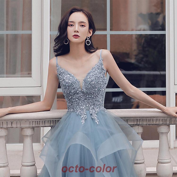 イブニングドレス ブルー キャミドレス ロングドレス 発表会ドレス Vネック 演奏会ドレス ワイン赤 結婚式ドレス 二次会ドレス パーティードレス 黒