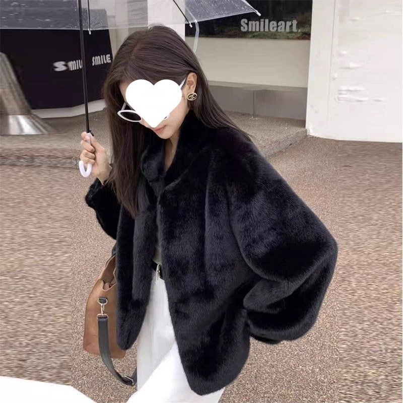 フェイク ミンク レザー ファー一体 スタンドカラー ふわふわ アウター レディース 若者向け ショート丈 2025年 冬 ファーコート 大きいサイズ