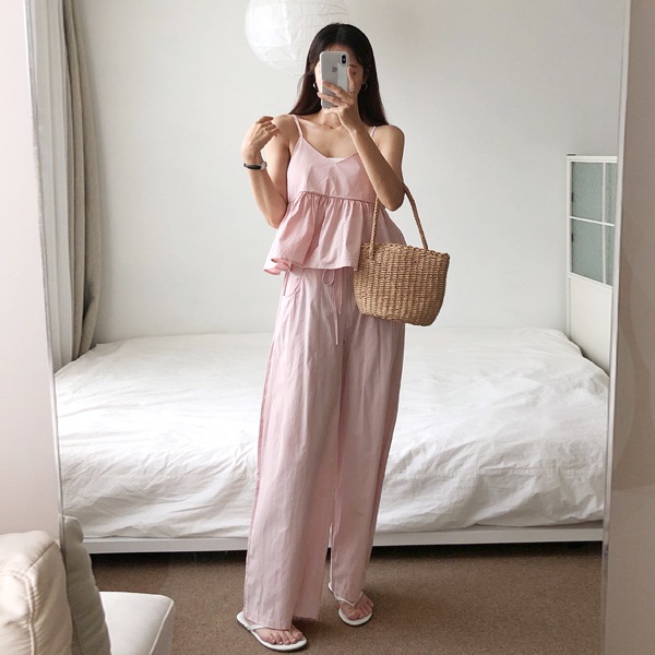 韓国ファッション フリル ビスチェ ワイド パンツ ツーピースセット