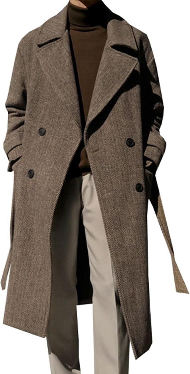 メンズ チェスターコート ラシャコート 秋 冬 暖かさ 防寒 防風 ロングコート テーラード ダブルボタン 大きいサイズ トレンチコート カジュアル オシャレ ヘリンボーン ベルト付き