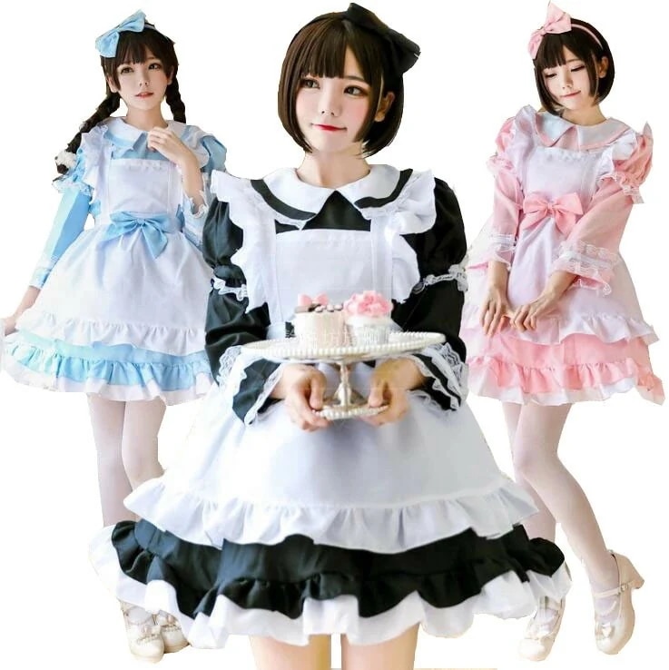 迅速な出荷 メイド服　コスプレ衣装　長袖ロリータワンピース　ハロウィン衣装　レディース　裾フリル　コスチューム　大人　カチューシャ付き　エプロン　ゴスロリ ロリータワンピース　ハロウィン衣装　ブルー