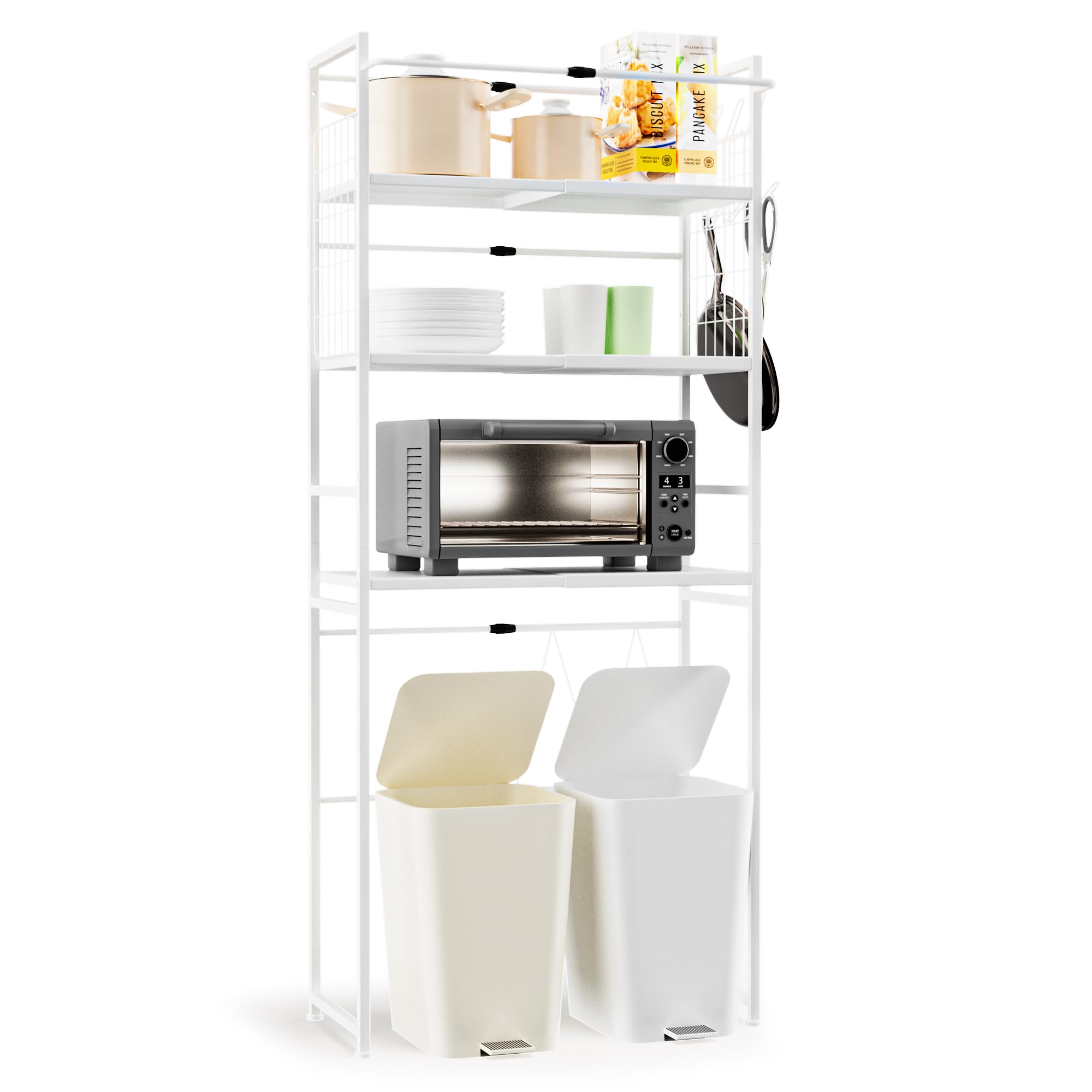 ゴミ箱上ラック キッチン棚 幅の調整可能 食器棚 ランドリー収納 冷蔵庫上ラック 洗濯機対応 高さ13段階調節 耐荷重60kg以上 レンジ台 レンジボード 炊飯器対応 W44～64×D32×H170c