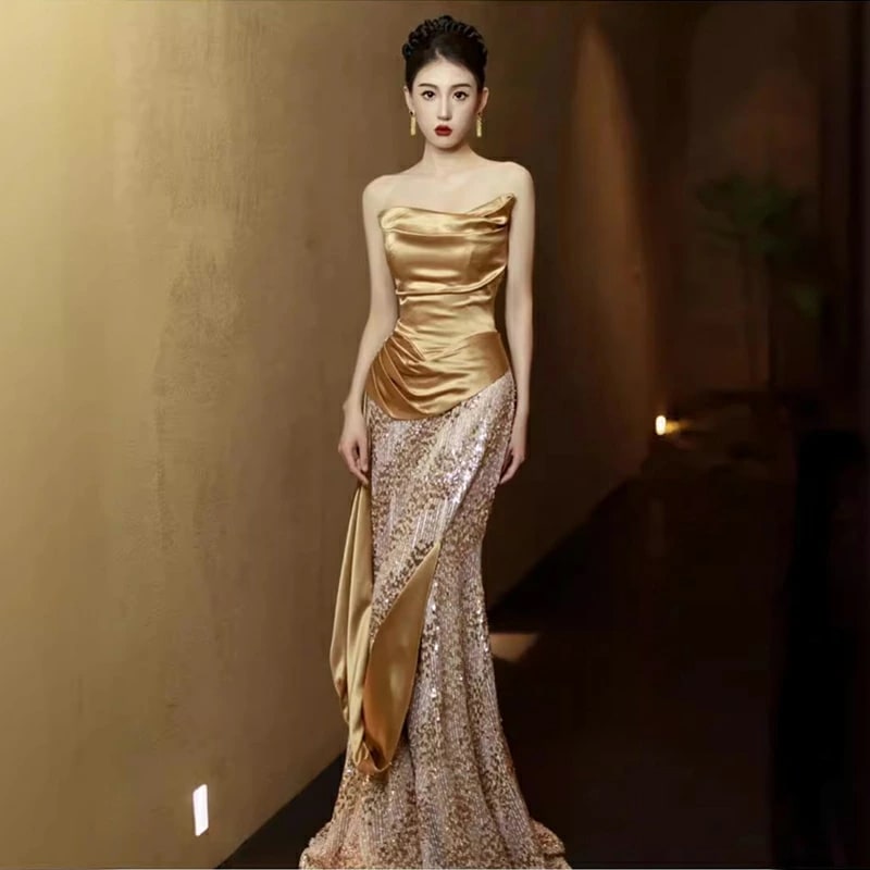 マーメイドドレス イブニングドレス ゴールド スパンコール キラキラドレス 金色 発表会ドレス ロングドレス ノースリーブ サテン ビスチェドレス マーメイドライン ロング パーティードレス S M