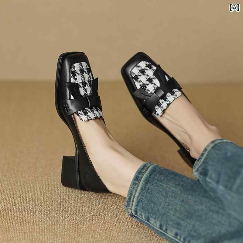 ローファー レディース 通勤 通学 オフィス 学生 フレンチス モール フレグランス スタイル スクエアトゥ リボン レトロ チェック柄 小さい 革靴 ミディアム ヒール 太い ヒール シングル シュ 7,662円