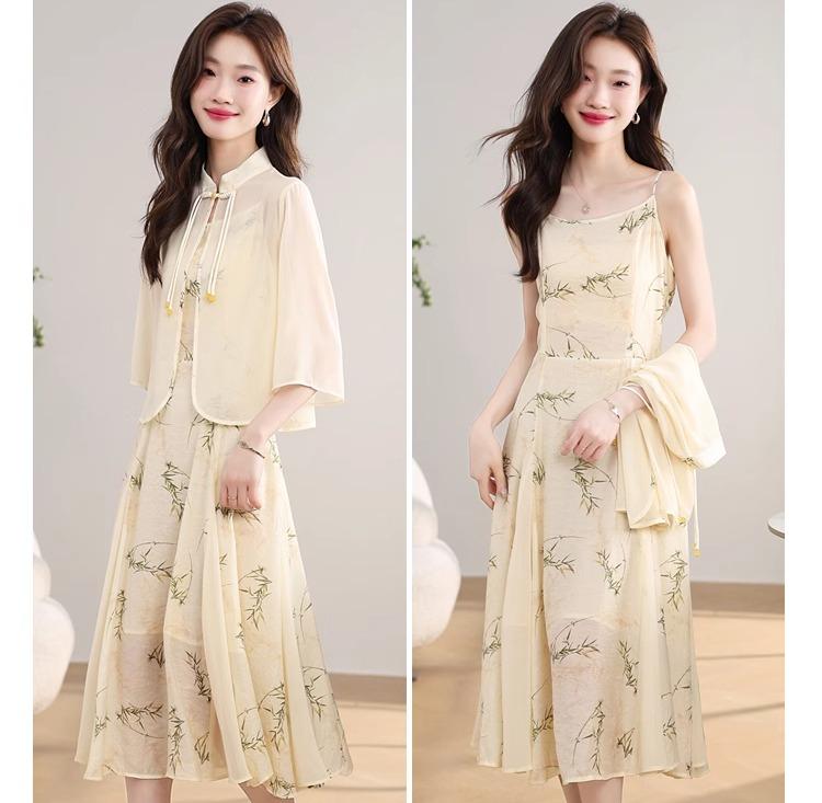 レディース ワンピース チャイナ風 ２点セット ノースリーブドレス 竹の葉柄 中華伝統 七分袖 フレア エレガント ドレープ 薄ピンク 白 中華風ル―プボタン ミモレ 優雅 ラグジュアリー
