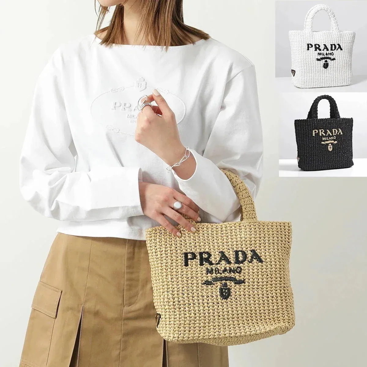 PRADA プラダ かごバッグ 1BG422 2C2T OOL レディース クロシェ カゴバッグ ハンドバッグ トートバッグ ジャガード ロゴ 刺 鞄 カラー3