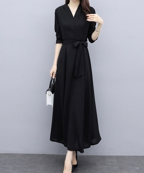 レディース ワンピース フォーマルドレス フレア ロング 長袖 Vネック Aライン シフォン リボン ウエストリボン サイドジップ ファスナー ハイウエスト 透け感 薄手 上品 クール エレガント