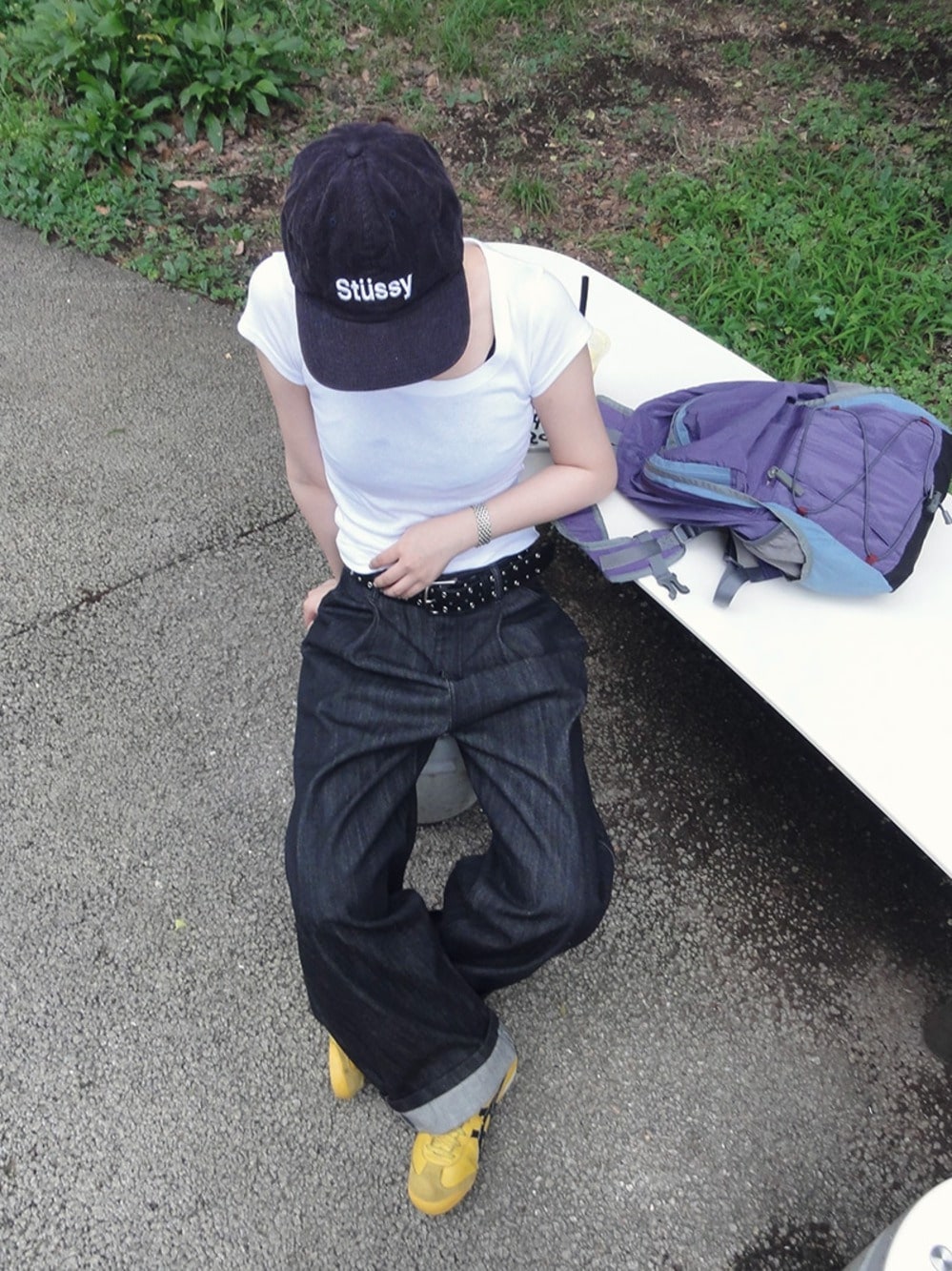 ユニセックスピンタックワイドデニムパンツ(dark)