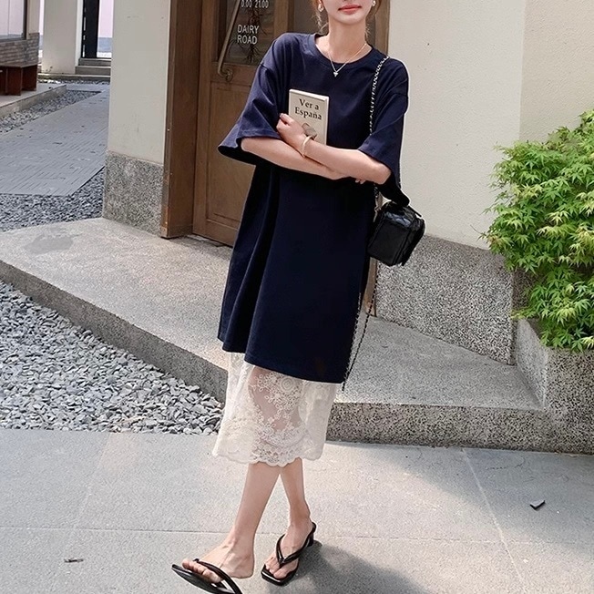 セットアップ レディース スカート トップス ボトムス ロングスカート レーススカート Tシャツ ミモレ ロング 半袖 Uネック ラウンドネック セミフレア フェミニン ストリート レース 刺繍