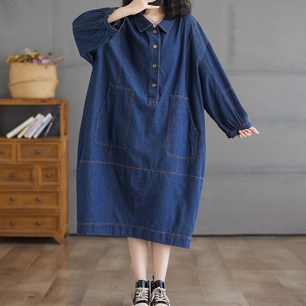 ワンピース デニムワンピース オーバーワンピース ロングワンピース デニムシャツワンピース 襟付き 長袖 ドロップショルダー オーバーサイズ ポケット ロング丈 ひざ下丈 ワイド レディース かわいい