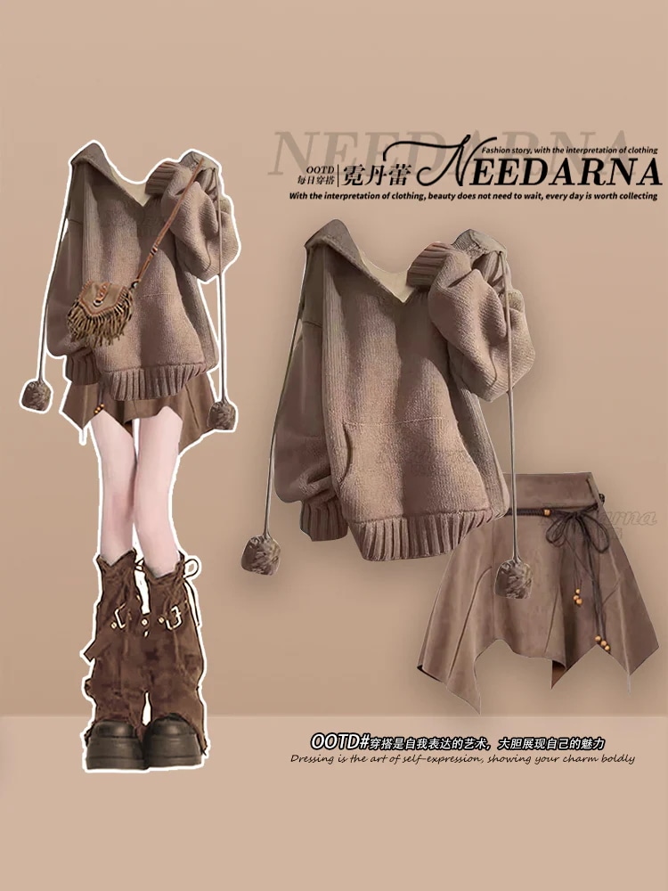 韓国の雰囲気セータースーツスカート初秋新作レディースウェイストランド風ドレスショートスカート