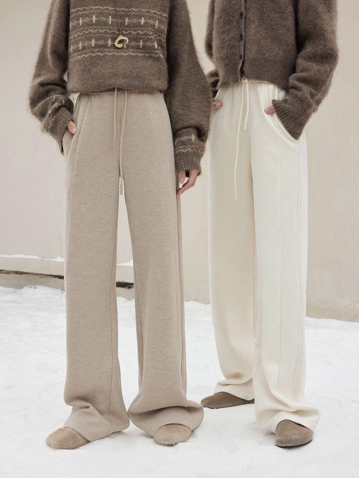 在庫僅少ウール混 ワイドパンツ レディース 秋冬 ロング丈 ハイウエスト 体型カバー 美脚 大きいサイズ S M L XL ゴムウエスト 紐調節 ベージュ ブラック グレー ホワイト おしゃれ 通勤