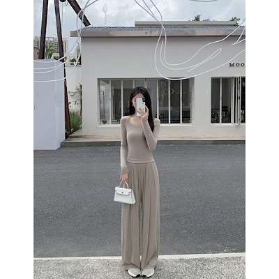 ドレープニットスラックス女性用ハイウエストスリムルーズワイドレッグフロアレングスパンツ