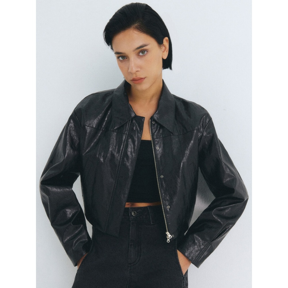 CITYBREEZE エコレザー集業クロップジャケット BLACK