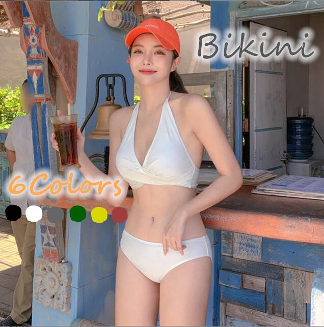 NEW 2025新作 3タイプ 新色 水着 6色 モスグリーン モスグレー クロスバンドゥ無地 アースカラー 上品な色合い クロスバンドゥ無地 上下セット レディース水着 ビキニ バスト盛れる 体型カ