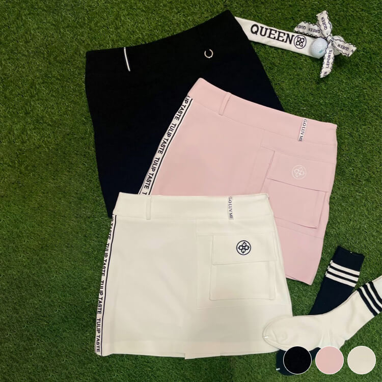 ゴルフウェア レディース 韓国 スカート ミニスカート ショート丈 ポケット サイドライン 英字 タイト インナー付き ゴルフ ゴルフウエア ウエア