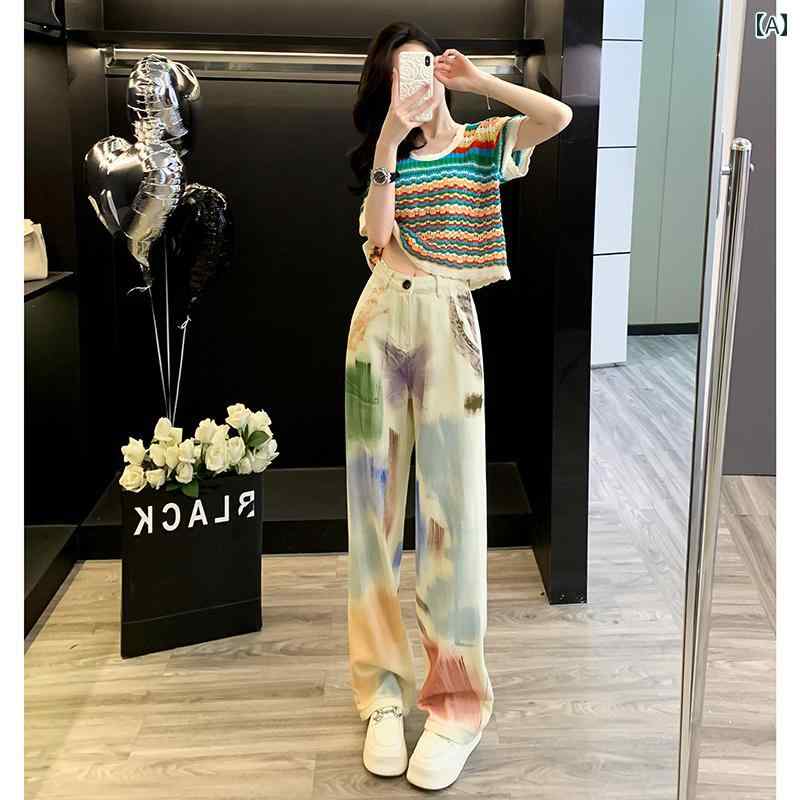 デニム　スタイル　レディース　 ドーパミン カジュアル スポーツ スーツ レディース 夏 ストリート ブラスト 年齢を 減らす の 半袖 グラフィティ デニム ワイド レッグ パンツ ツーピース