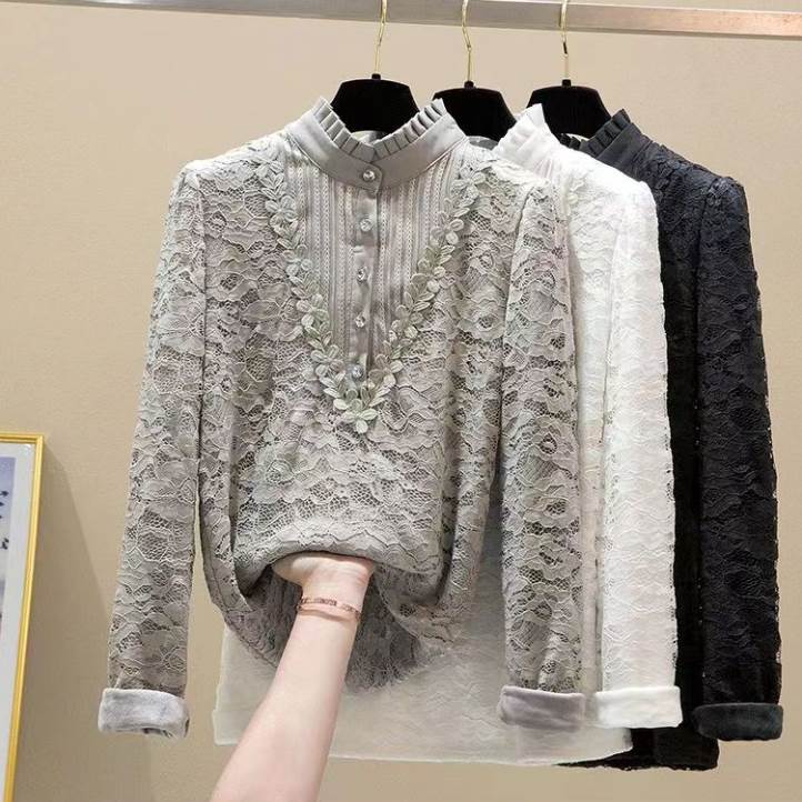トップス シャツ ブラウス ミディアム丈 袖あり 長袖 襟なし スタンドカラー レース 刺繍 かわいい 大人可愛い きれいめ 大人 上品 おしゃれ レトロ アジアン エスニック エキゾチック エレガン