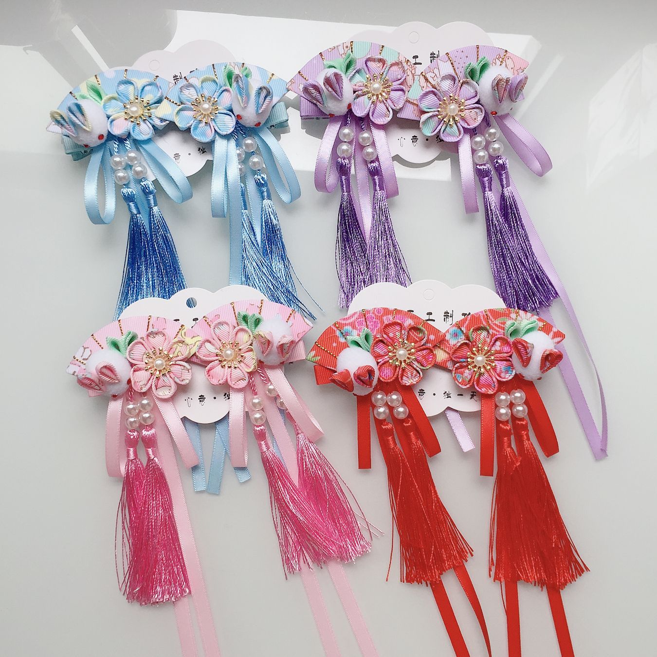 【1点ご購入 で10点プレゼントいたします】布芸とファンの花のヘアピンかわいい子ウサギペアのフリンジリボン髪飾りと着物のアクセサリー